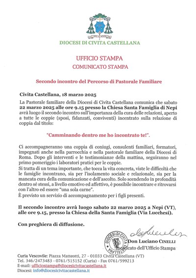 Ufficio Stampa - Secondo incontro del Percorso di Pastorale Familiare